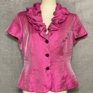 Adrianna Papell Fuchsia Shimmer Ruffle Collar Evening Blouse Size 14